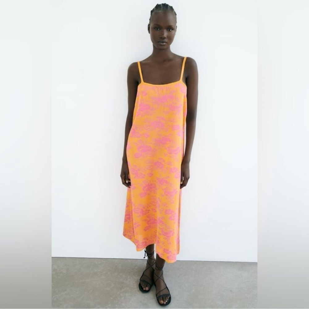 Zara orange and pink midi dress with a floral pattern. Never worn, new with tags